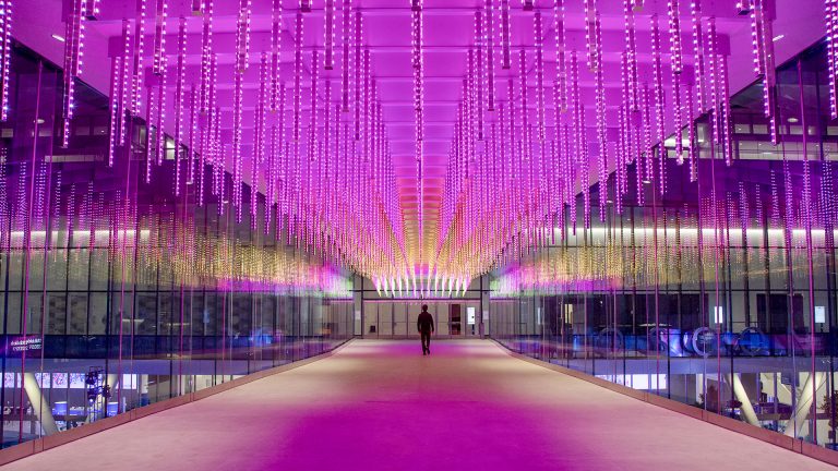 Moscone Center bridge over Howard Street featuring Leo Villareal's "Point Cloud" artwork